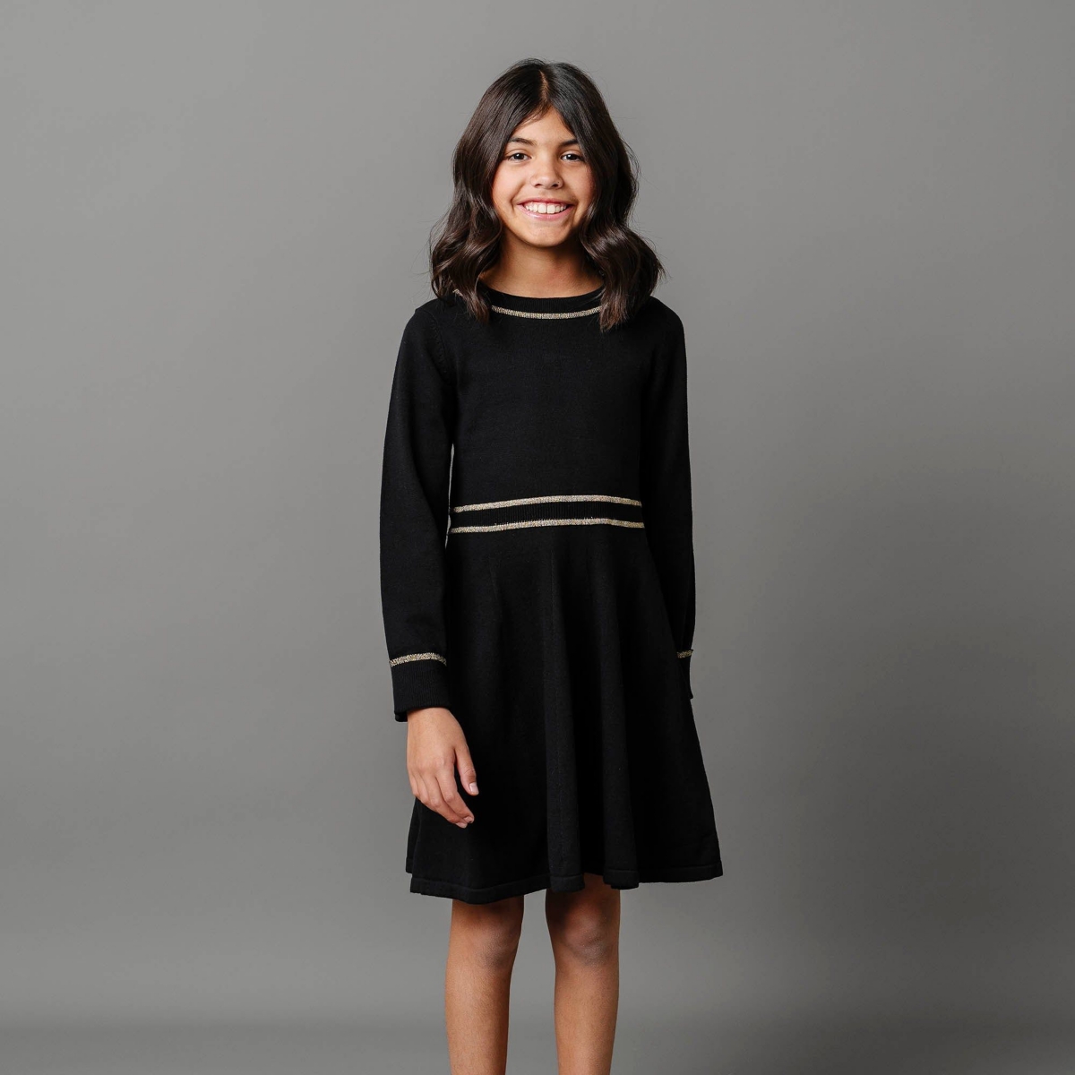 Hope & Henry Toddler Girls Organic Long Sleeve Ruffle Collar Sweater Dress - Black with gold