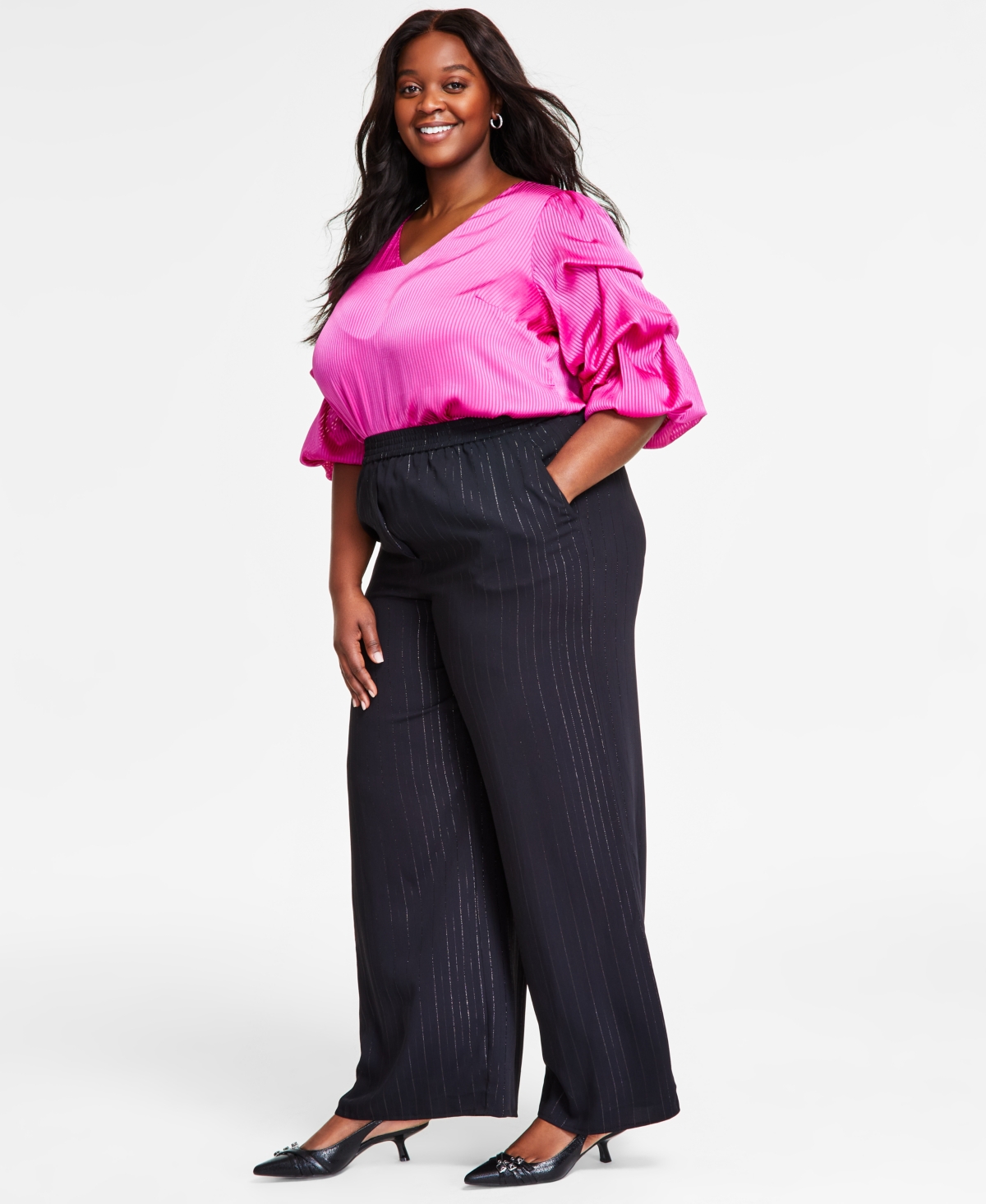 Shop Vince Camuto Plus Size Striped Pull-on Wide-leg Pants In Rich Black