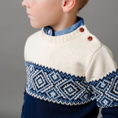 Boys Organic Long Sleeve Intarsia Crew Neck Pullover Sweater with Buttons