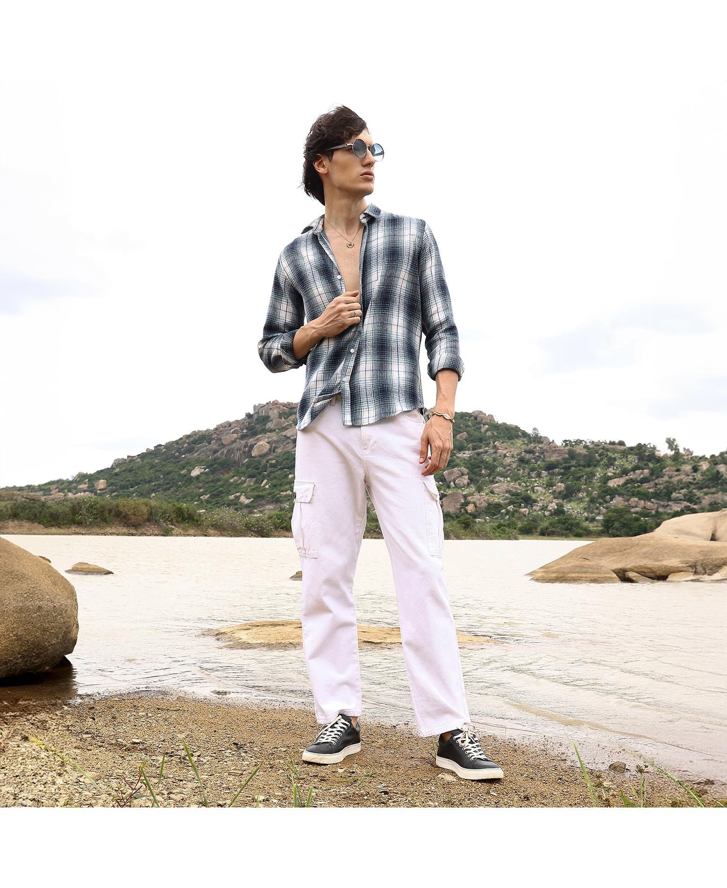 Men's Navy Blue & Ivory White Ombre Buffalo Check Shirt