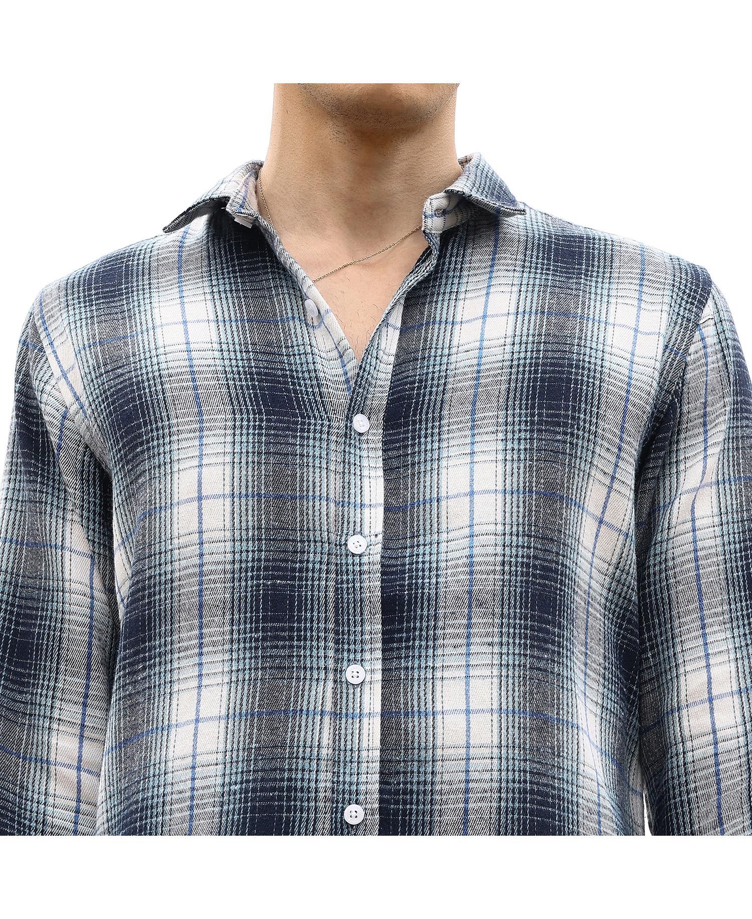 Men's Navy Blue & Ivory White Ombre Buffalo Check Shirt