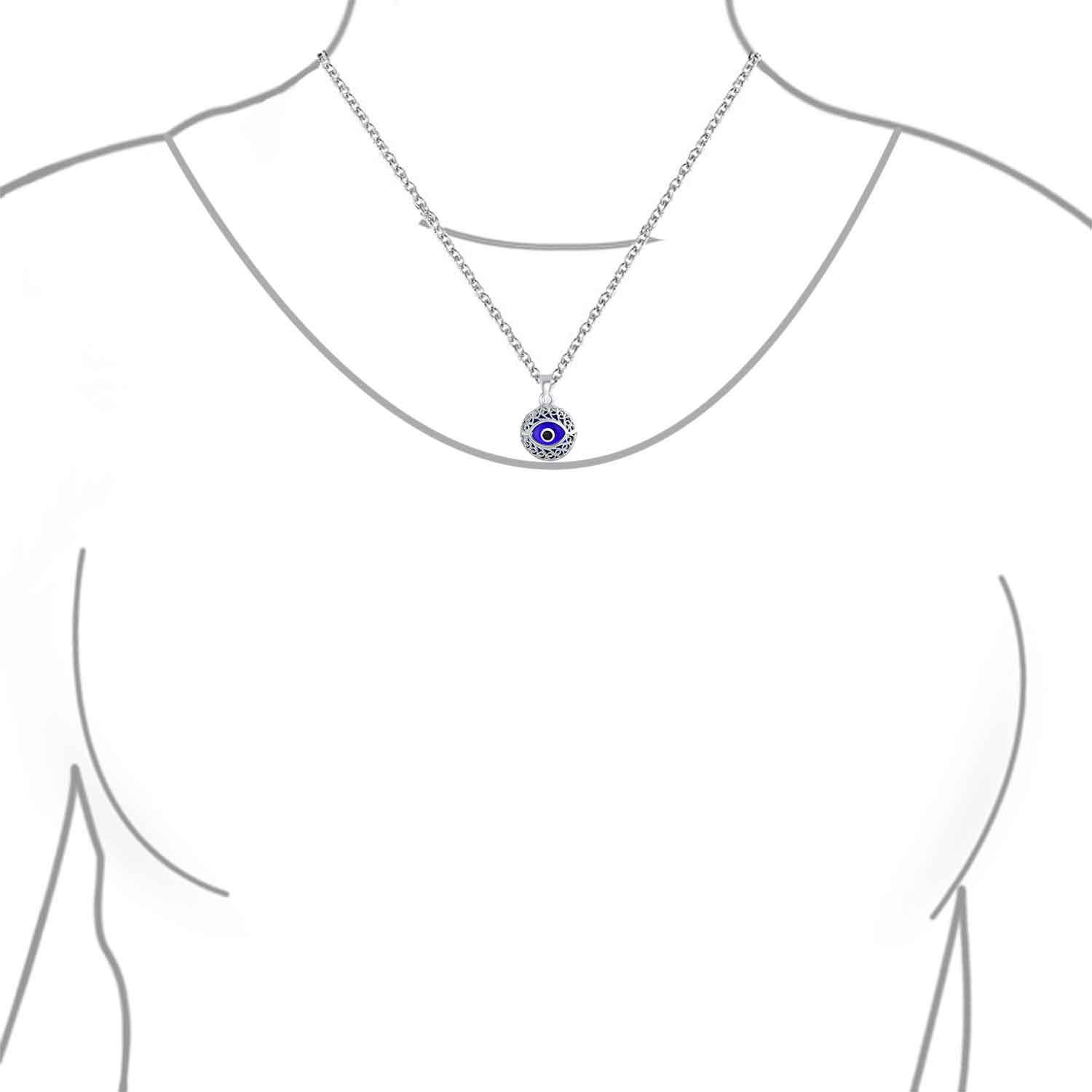 Turkish Light Blue Evil Eye Charm Round Pendant Necklace Sterling Silver