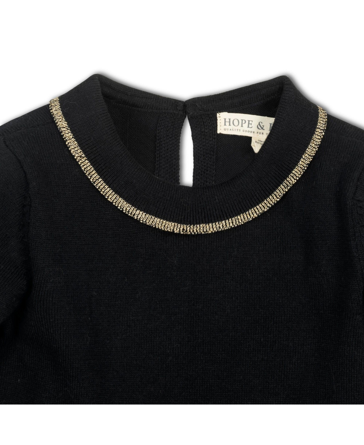Hope & Henry Baby Girls Organic Long Sleeve Ruffle Collar Sweater Dress - Black with gold