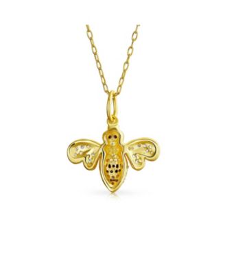 Elegant Queen Bee Pendant Necklace - Black and Golden Cubic Zirconia, 14K Yellow Gold Plated, .925 Sterling Silver