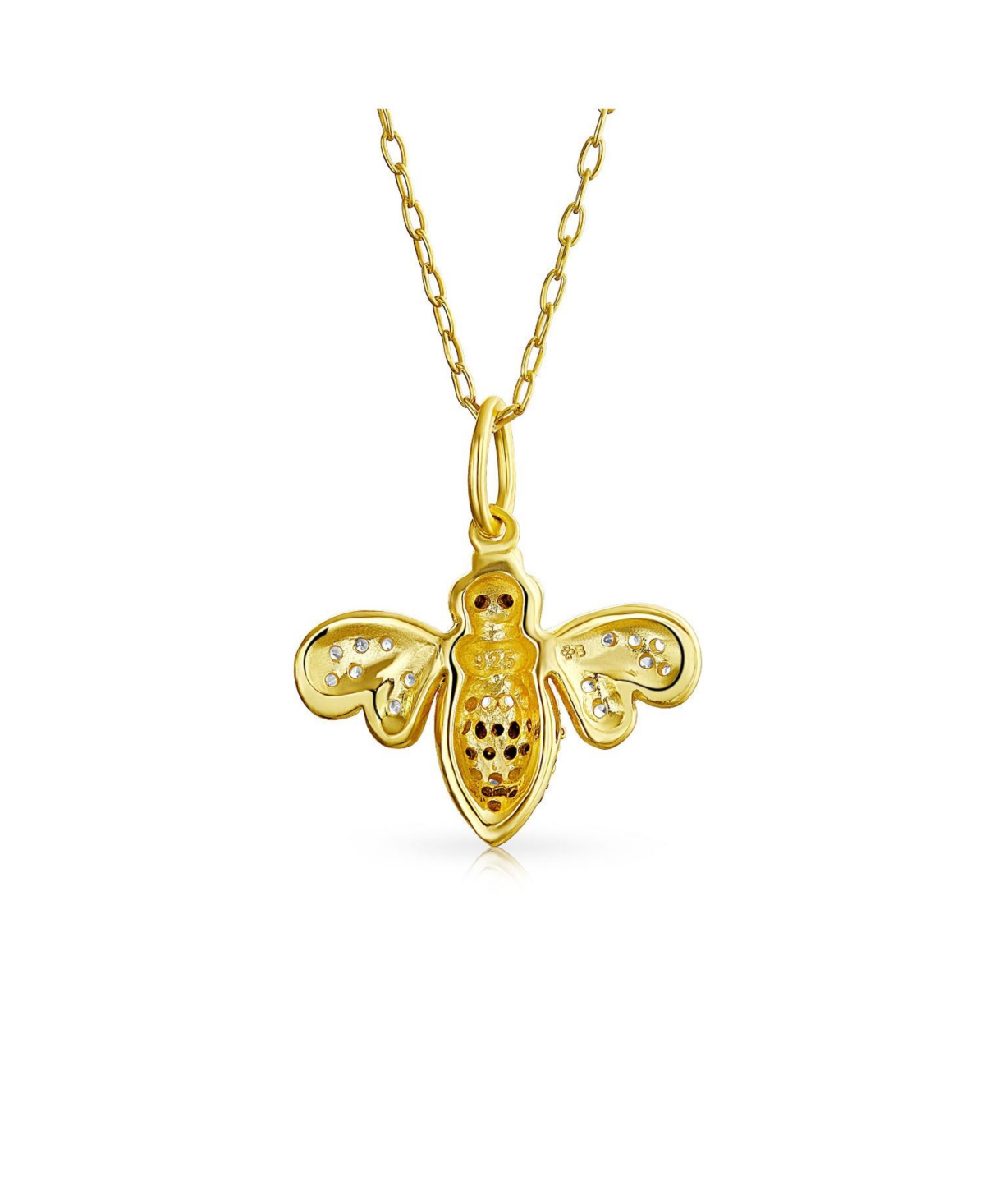 Bling Jewelry Elegant Queen Bee Pendant Necklace for Women - Black and Golden Cubic Zirconia, 14K Yellow Gold Plated, .925 Sterling Silver - Gold-tone