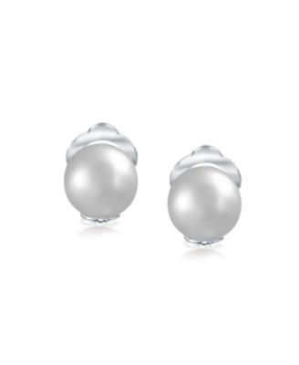 Button Style Freshwater Cultured Pearl Clip On Ball Stud Earrings Sterling Silver Non Pierced Ears