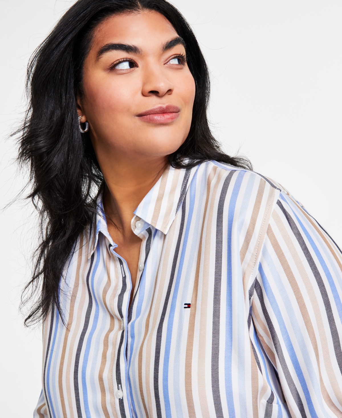 Tommy Hilfiger Plus Size Striped Roll-tab Shirt In Sky Captain Multi