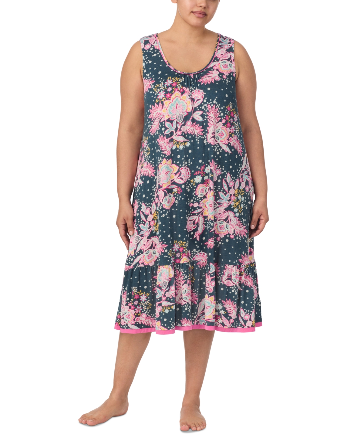 Plus Size Sleeveless Floral Nightgown - Teal Print