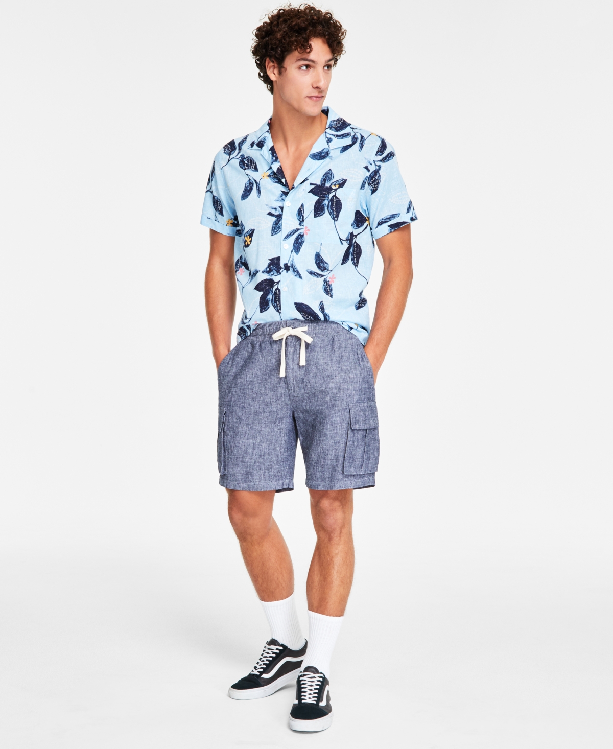 Men's Drawstring 8" Linen Blend Cargo Shorts, Exclusively at Macy's - Basic Navy