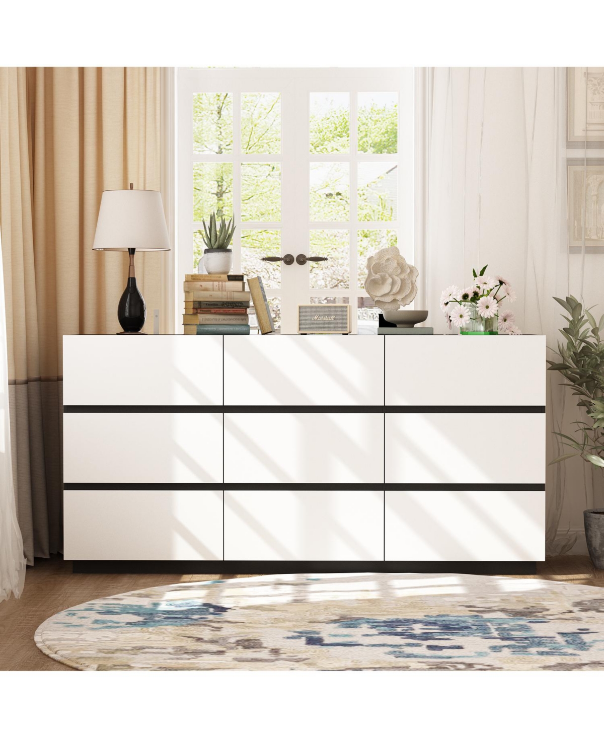 Homsee Black and White Wooden Accent Storage Cabinet with 9-Drawers