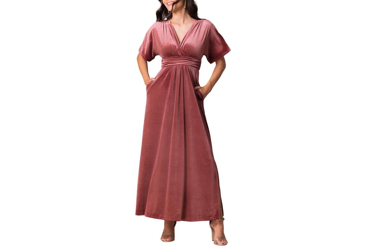 Women's Verona V-Neck Velvet Evening Gown with Pockets - Olive