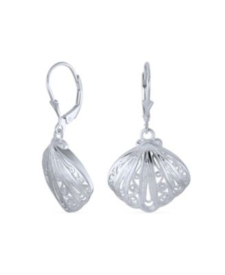 Hawaiian Seaside Seashell Dangle Stud Earrings Gold Plated Sterling Silver Lever Back
