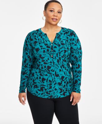 I.N.C. International Concepts - Plus Size Printed Split-Neck Long-Sleeve Top