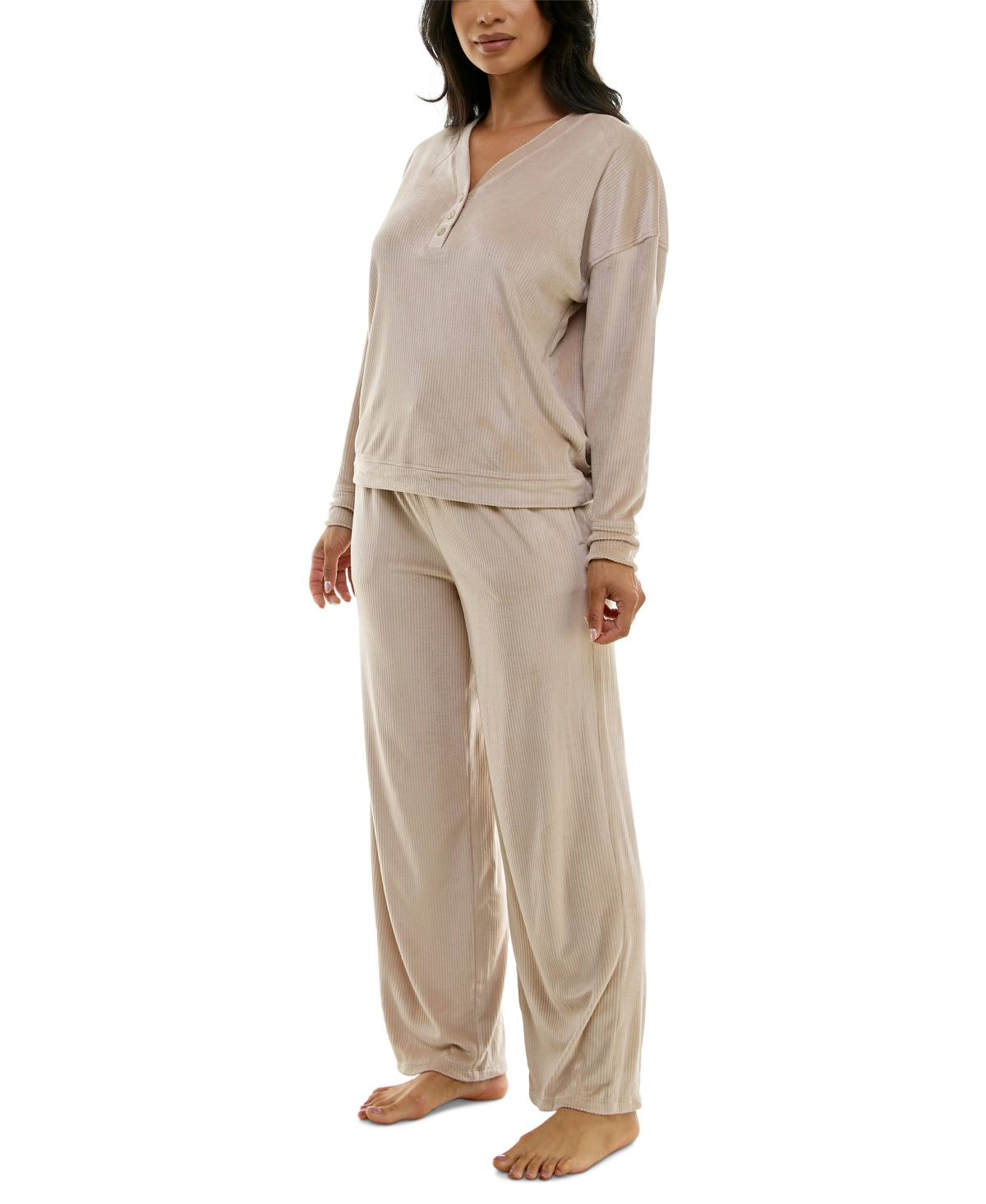 Roudelain Women's Long-Sleeve Ribbed Velour Pajama Set - Goat 250