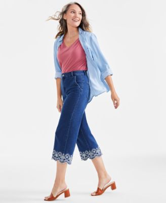 Women's High-Rise Embroidered-Cuff Crop Jeans, Exclusively at Macy's 