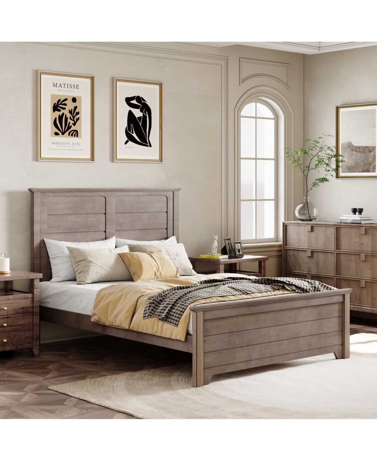 Slickblue Farmhouse Wooden Platform Full Size Bed with Panel Design Headboard and Footboard for Teenagers