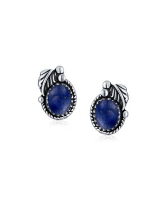 Native American Style Stabilized Oval Bezel Leaf Rope Edged Stud Earrings Western Jewelry Oxidized .925 Sterling Silver