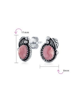 Native American Style Stabilized Oval Bezel Leaf Rope Edged Stud Earrings Western Jewelry Oxidized .925 Sterling Silver