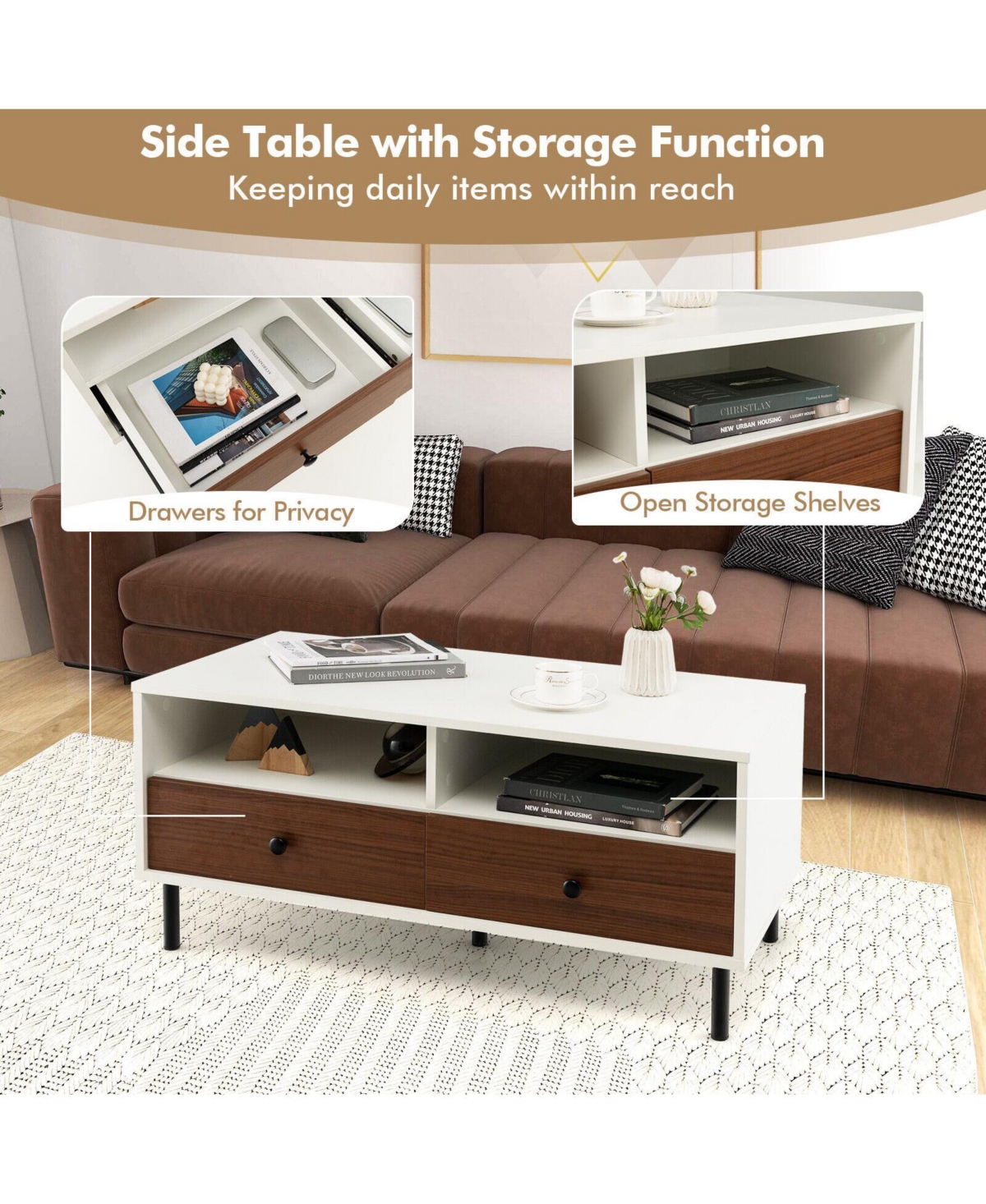 Gymax Coffee Table Modern Rectangle w/ Storage Shelf & Drawers Living Room Furniture - White+brown