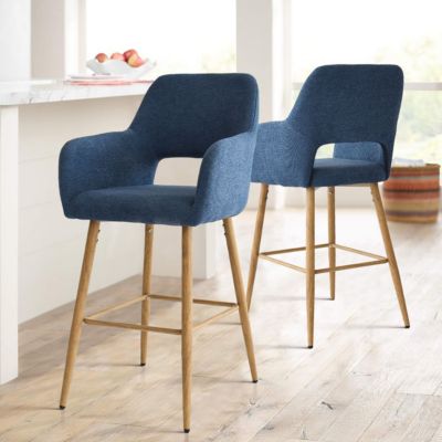  Set of 2  Linen Armrest Counter Height Stools - Back for Kitchen Island