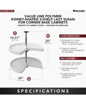 24'' Lazy Susan Kidney Polymer 2-Shelf, White, 3472-24-11-52