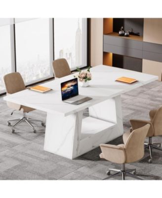 Modern Computer Desk, 63-Inch Large Office Desk, Simple Style Executive Desk Study Table with Sturdy Base, Wooden Faux Marble Writing Desk