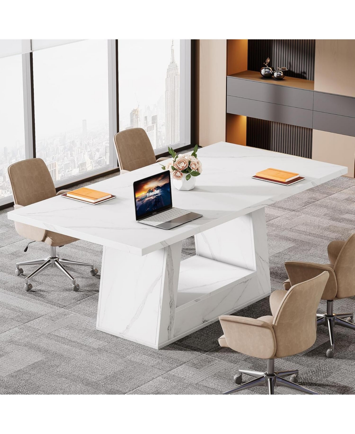 Tribesigns Modern Computer Desk, 63-Inch Large Office Simple Style Executive Desk Study Table with Sturdy Base, Wooden Faux Marble Writing