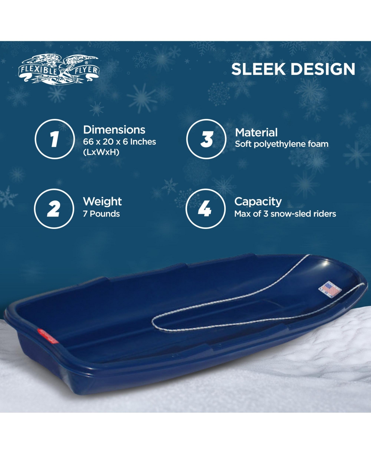 Flexible Flyer Winter Trek 5.5 Foot Plastic Utility Pull Sled w/Tow Rope,- Blue