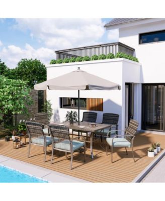 Brown 5-Piece PE Wicker Outdoor Dining Set with Green Cushions