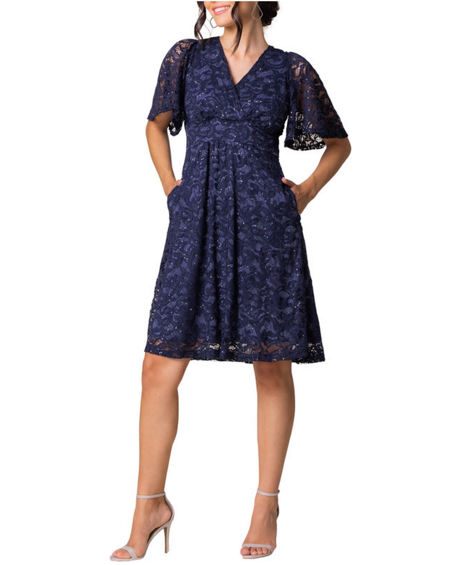 Women's Starry Sequin Lace V-Neck Cocktail Dress with Pockets