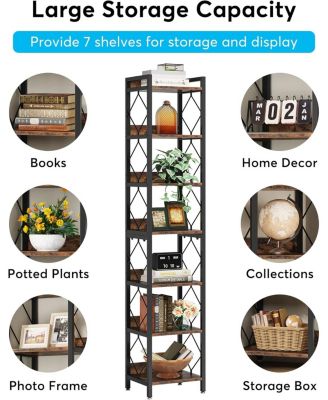 Extra Tall Freestanding Corner Shelf with 7 Tiers, Narrow Bookcase for Small Spaces and Home Office Storage