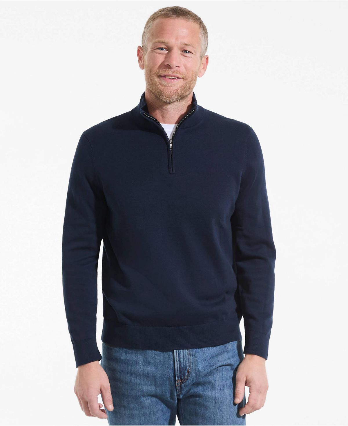 Мужской высокий свитер из тонкого хлопка с длинным рукавом и застежкой на четверть молнии