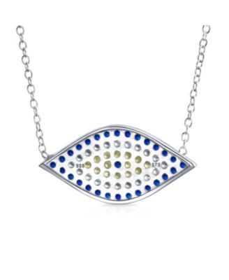 Turkish Blue Yellow Pave CZ Spiritual Protection Amulet Evil Eye Pendant Station Necklace .925 Sterling Silver