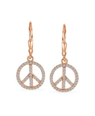 Message World Peace Sign Symbol Cubic Zirconia Pave CZ Lever back Drop Dangle Earrings Rose Gold Plated .925 Sterling Silver