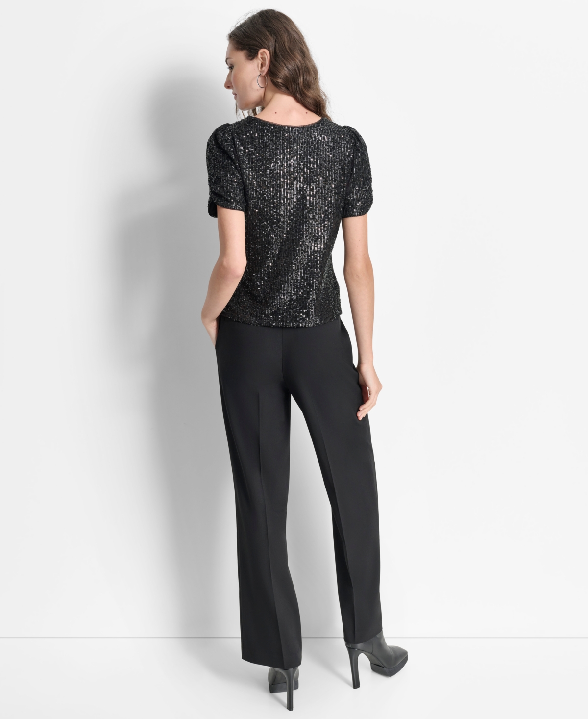 Dkny Petite Sequined Short-Sleeve Crewneck Top