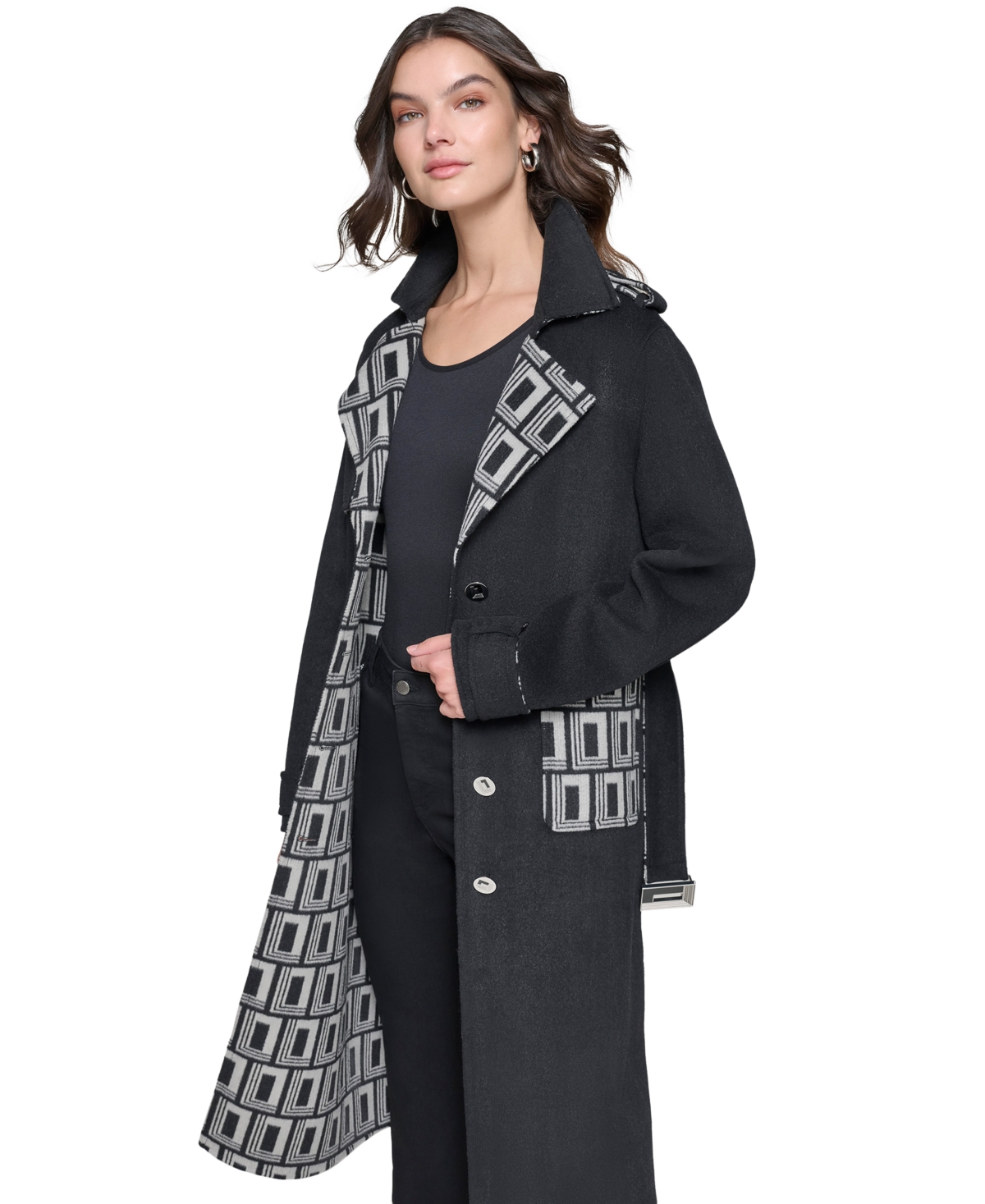 Karl Lagerfeld Paris Women's Monogram-Print Wool Coat - Black  Soft White
