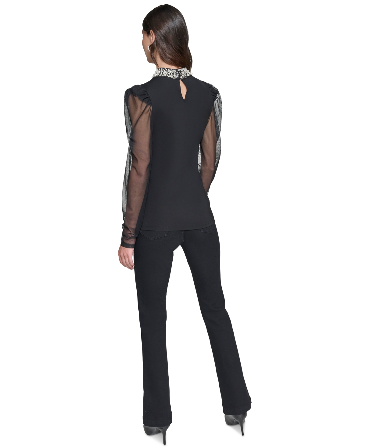 Karl Lagerfeld Paris Women's Embellished Mesh-Sleeve Top