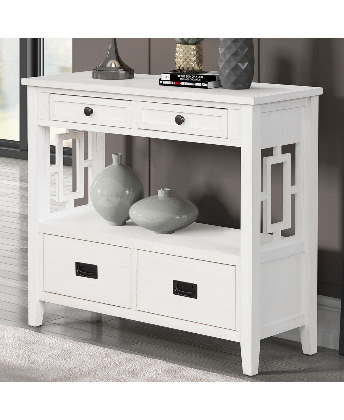 Slickblue 36'' Farmhouse Pine Wood Console Table – AntiqueSofa Table with 4 Drawers & Storage Shelf for Entryway, Living Room, Bedroom
