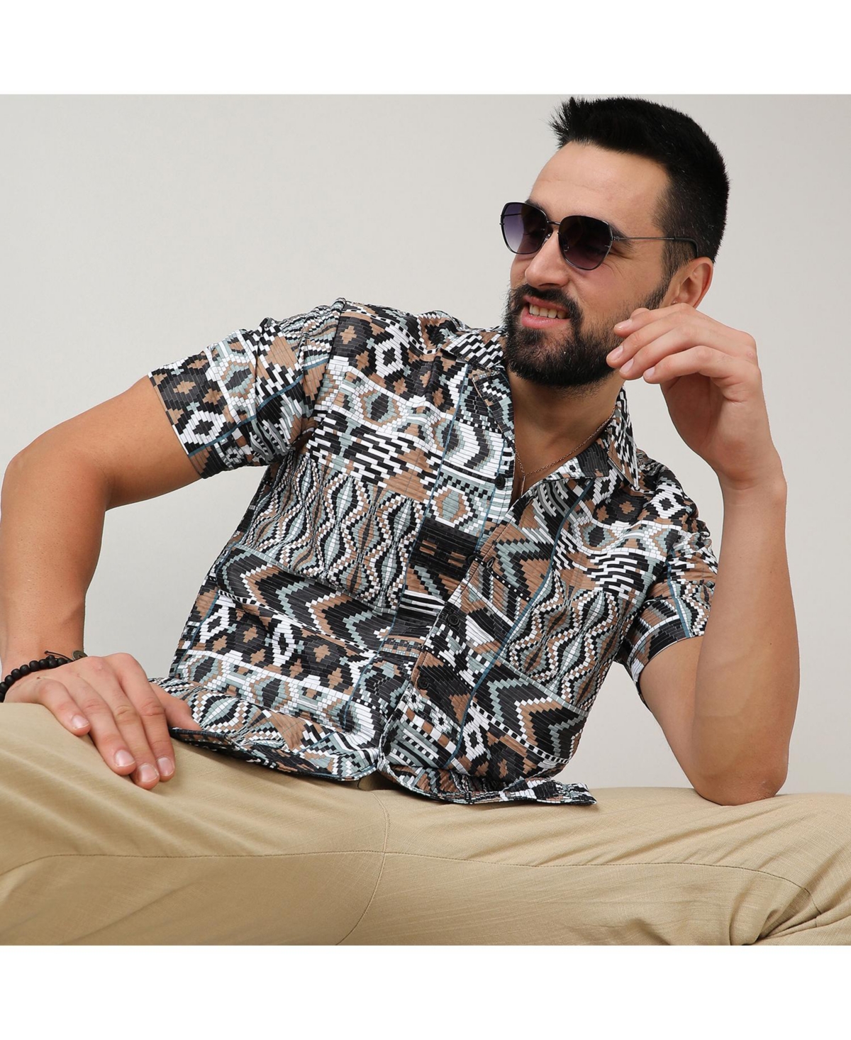 Campus Sutra Men's Mocha& Sage Green Bohemian Shirt - Brown