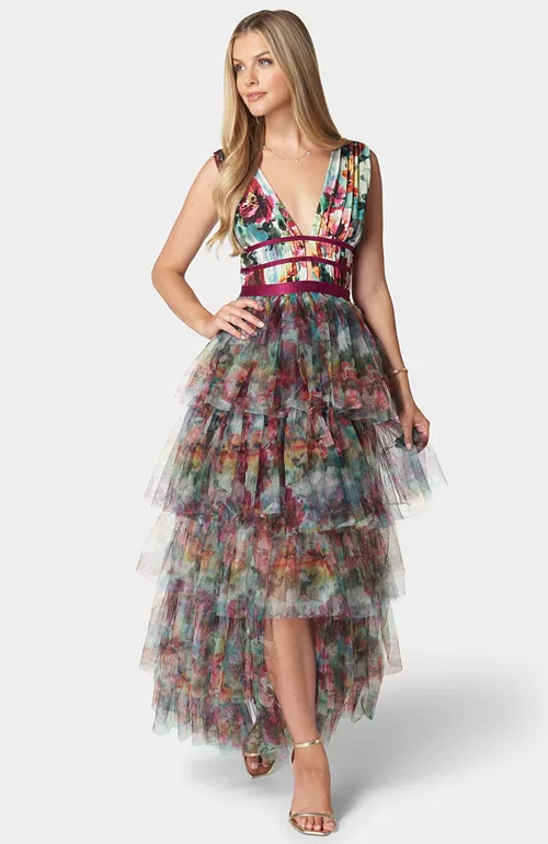 women's tiered high low gown