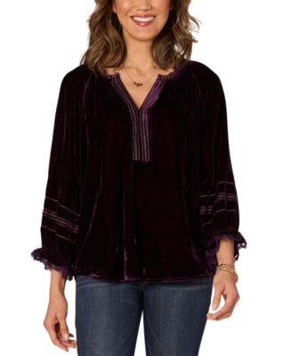 Democracy - Petite 3/4-Blouson Sleeve Split-Neck Top