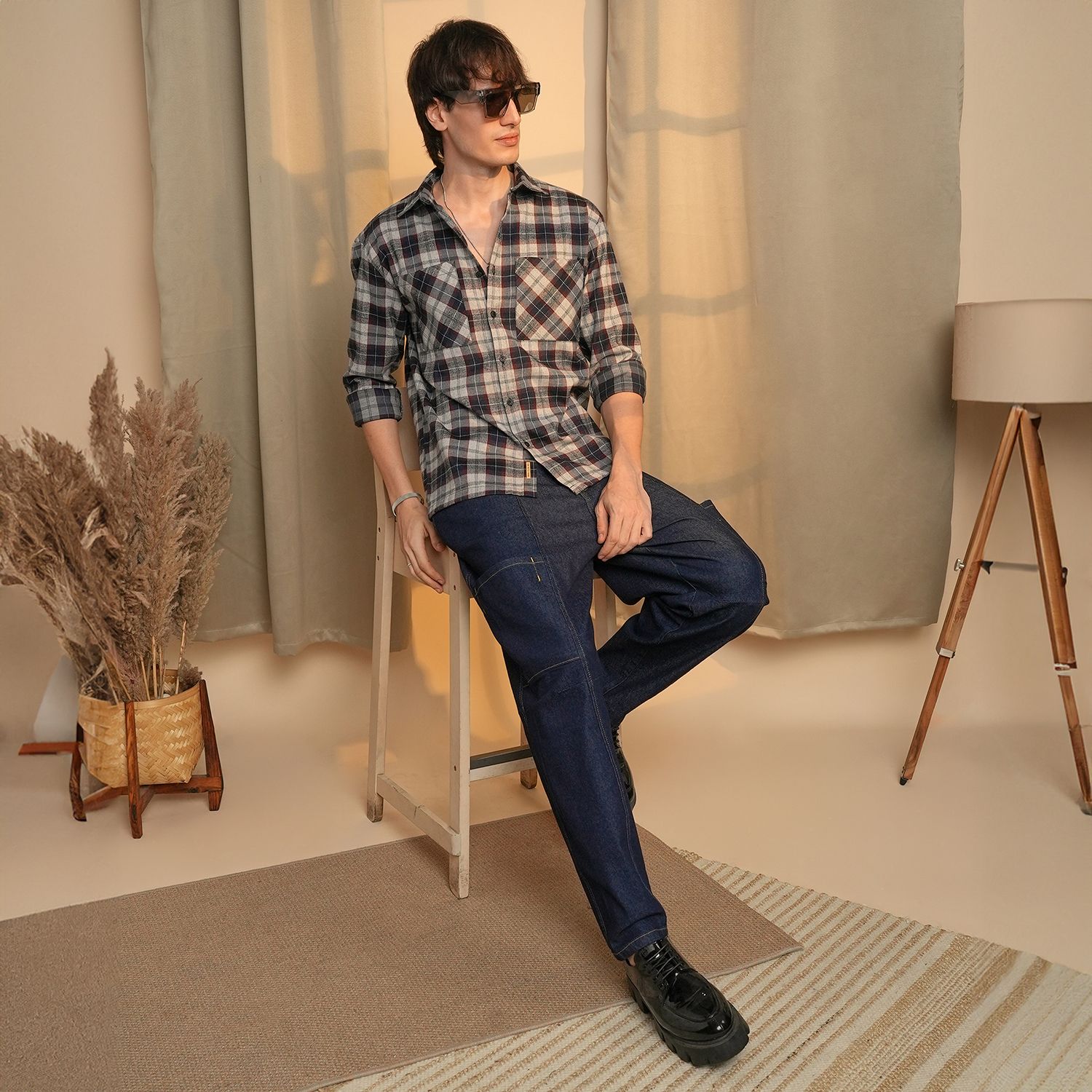 Men's Navy Blue & Cloud Grey Tartan Plaid Shirt
