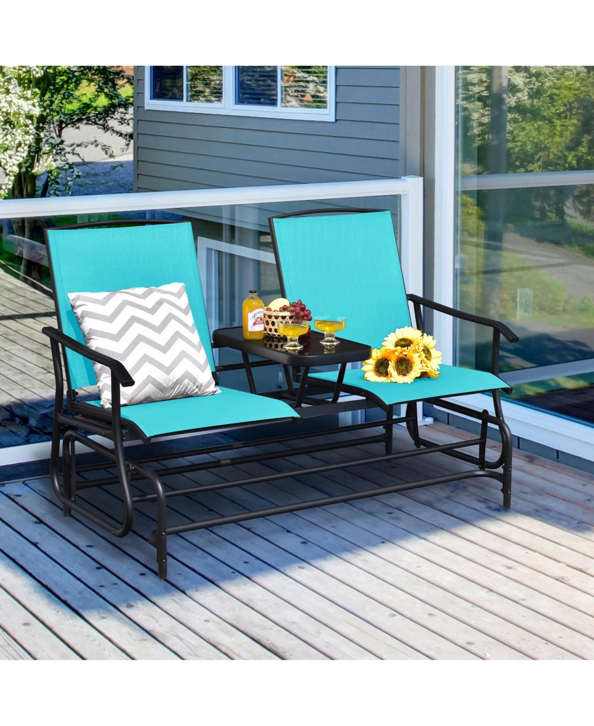 Sugift 2-Person Double Rocking Loveseat with Mesh Fabric and Center Tempered Glass Table