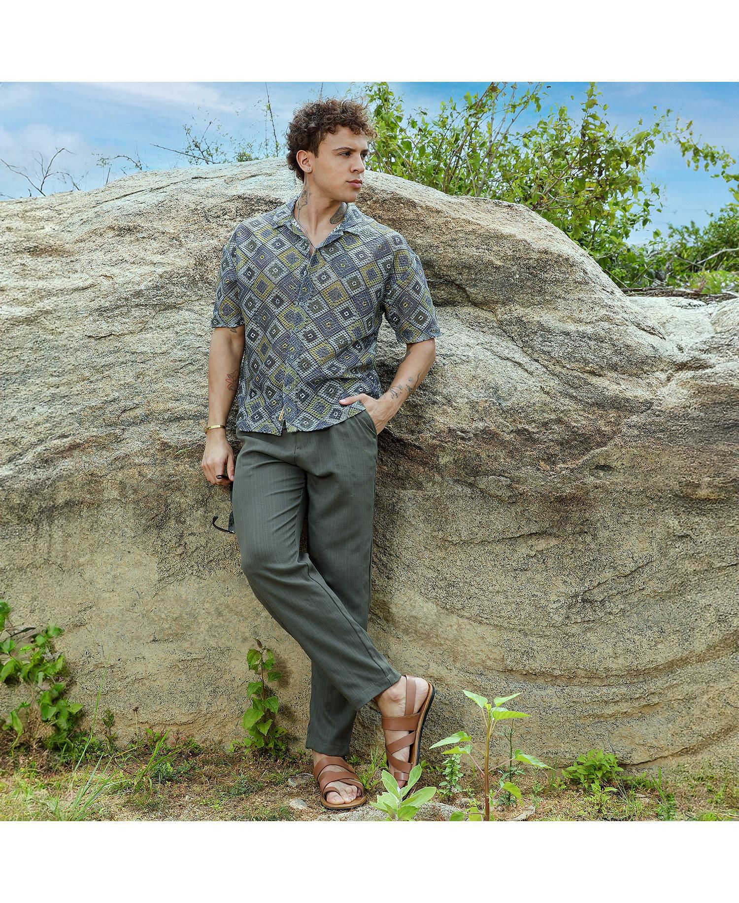 Men's Lapis Blue & Yellow Ochre Geometric Block Oversized Shirt