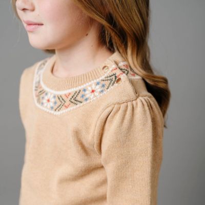 Girls Organic Long Sleeve Intarsia Trim Crew Neck Sweater