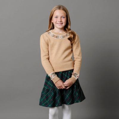Girls Organic Long Sleeve Intarsia Trim Crew Neck Sweater