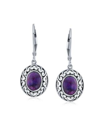 3CTW Natural Stones Oval Bezel Set Lever Back Dangle Earrings Oxidized .925 Sterling Silver