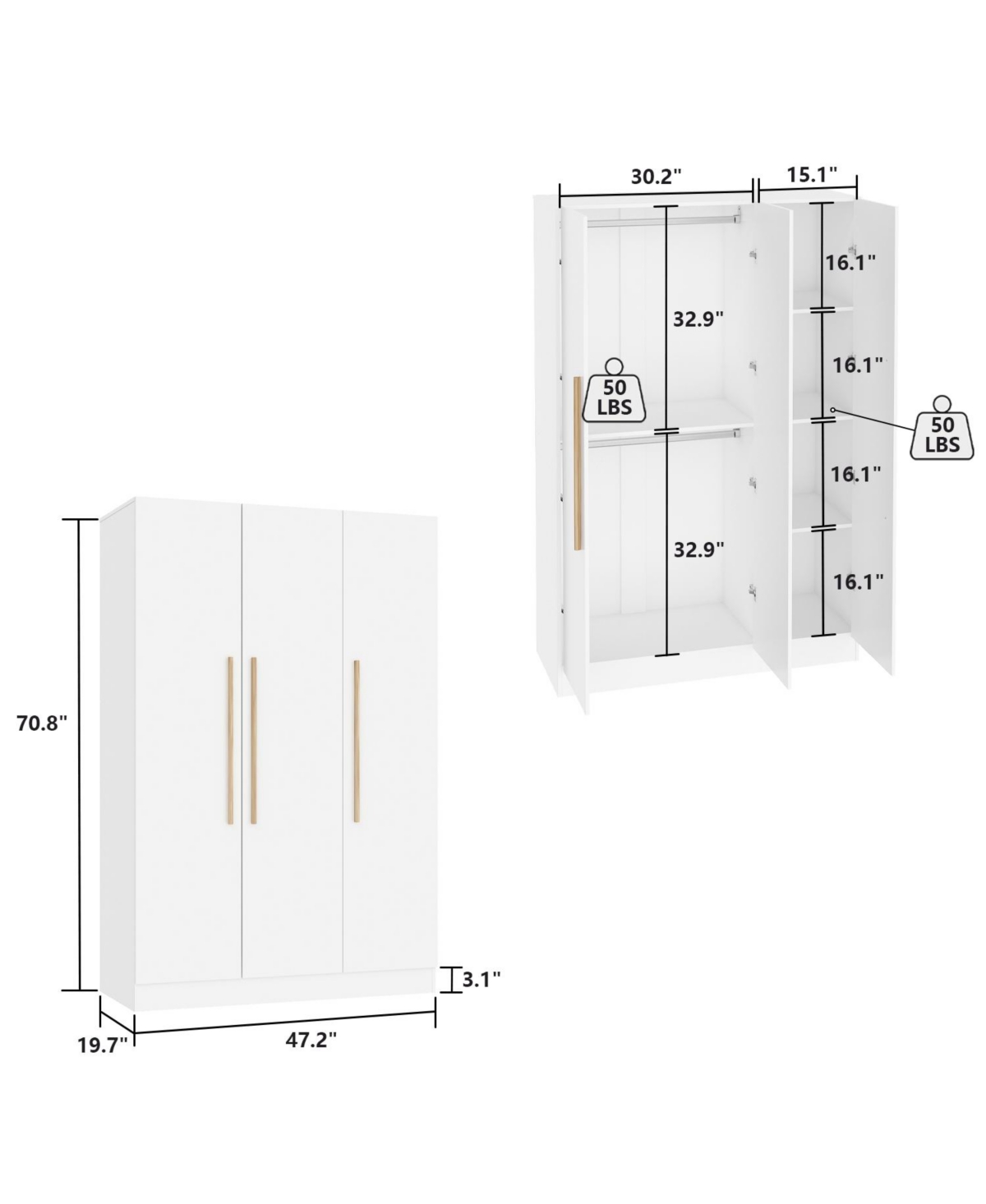 Famapy Grey Wood 3-Door Armoires Wardrobe with Hanging Rod and Storage Shelves