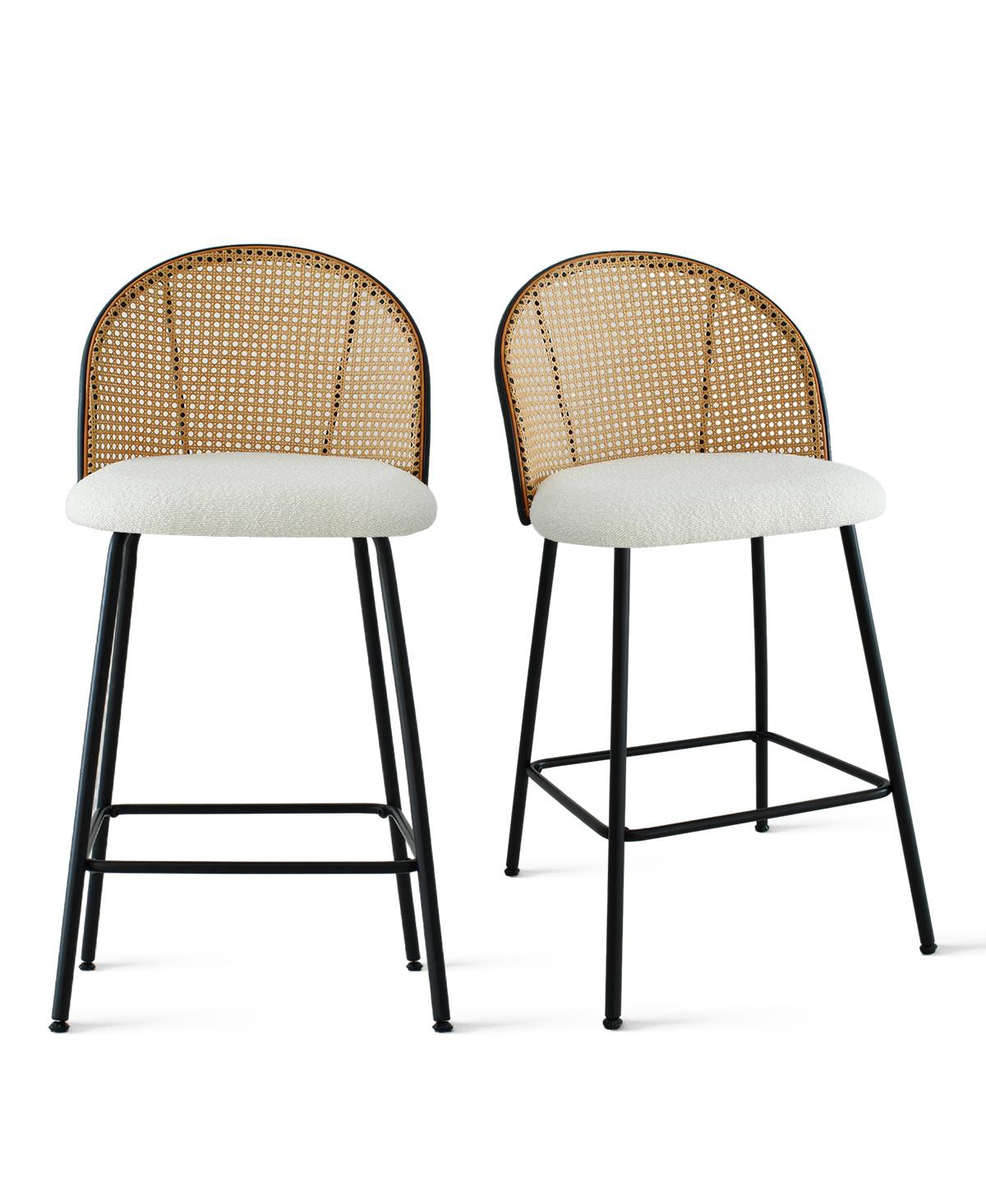 The Pop Home Set of 2 Armless Upholstered Boucle Counter Stools With Rattan Back-The Pop Home