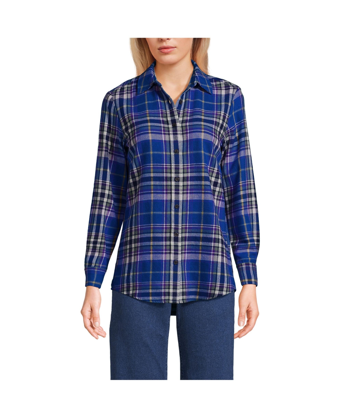 Lands' End Petite Flannel Boyfriend Fit Long Sleeve Shirt -bright grape plaid